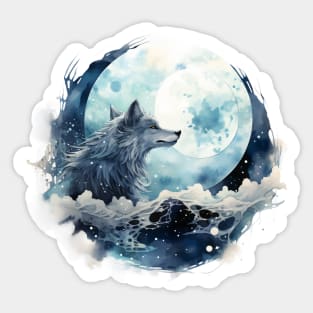 Wolf looking at full moon Sticker